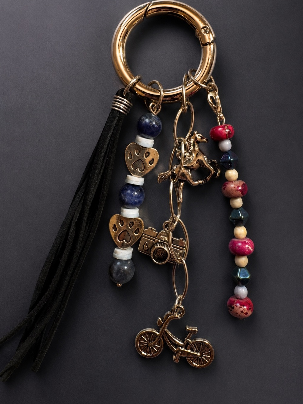 Silver Bag Charm/Key Ring with Suede Tassel, Charms & Beads